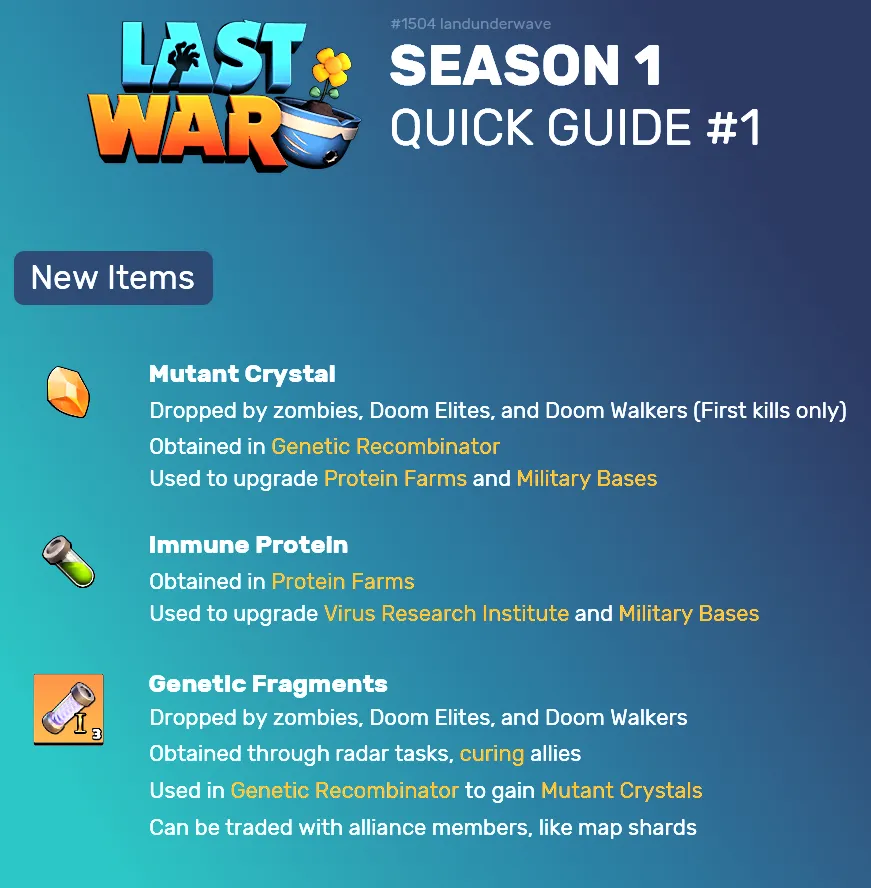 Season 1 quick guide image summarizing the new resource loop, infected enemies, and early season progression priorities