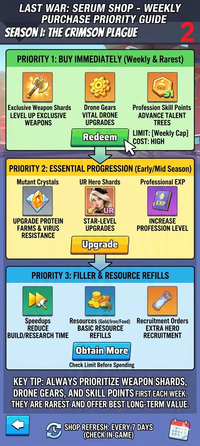 Season 1 Week 2 infographic showing the best Serum Shop priorities and which purchases matter most after reset
