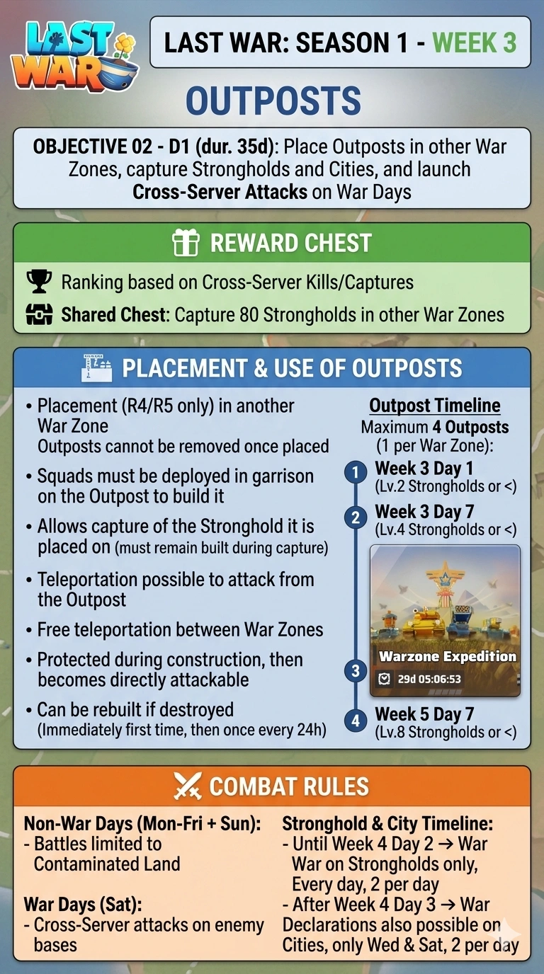 Season 1 Week 3 infographic explaining Warzone Expedition, Outpost placement, cross-server access, and Stronghold progression