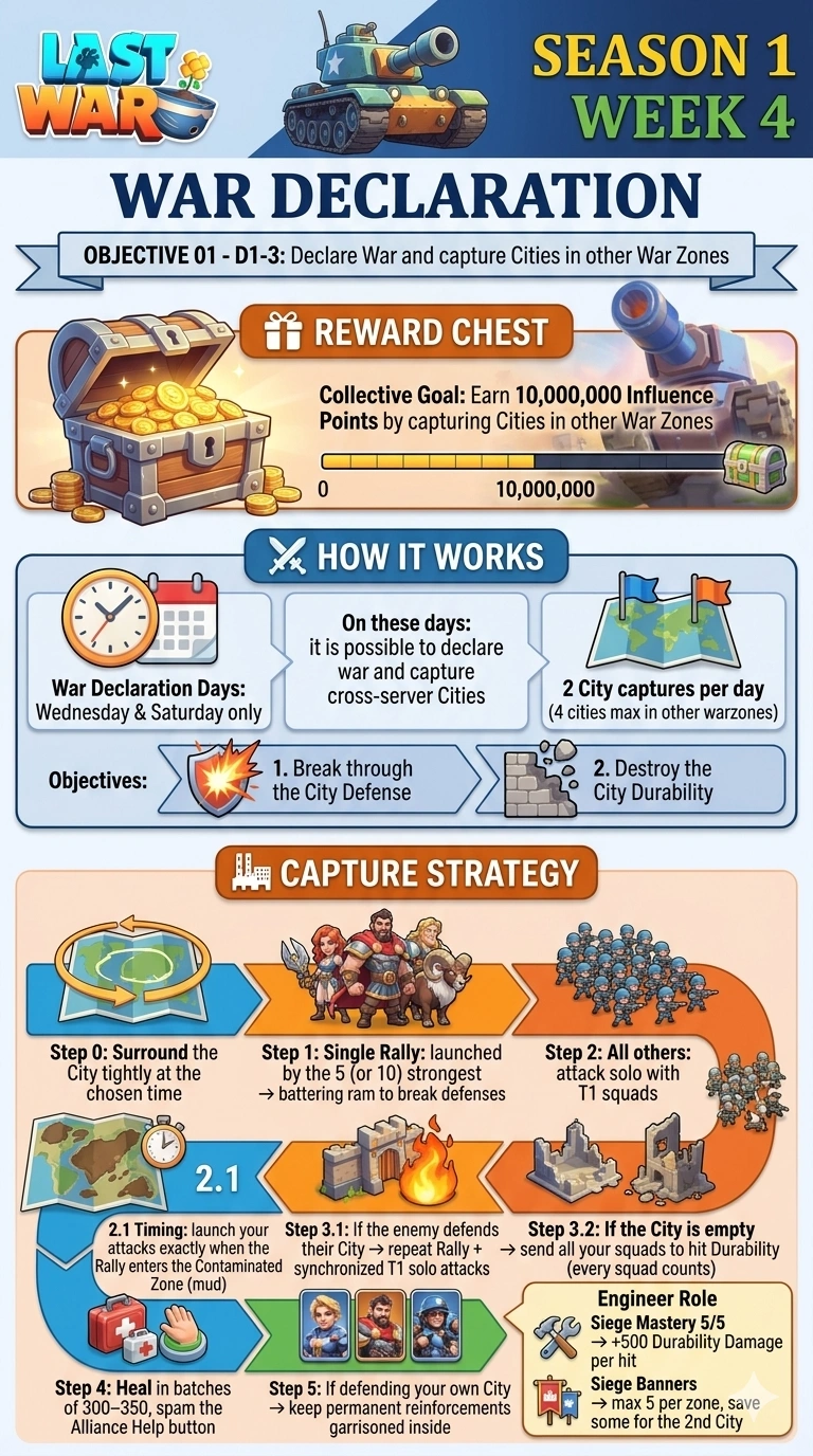 Season 1 Week 4 infographic describing War Declaration timing, city capture rules, and durability-focused siege tactics