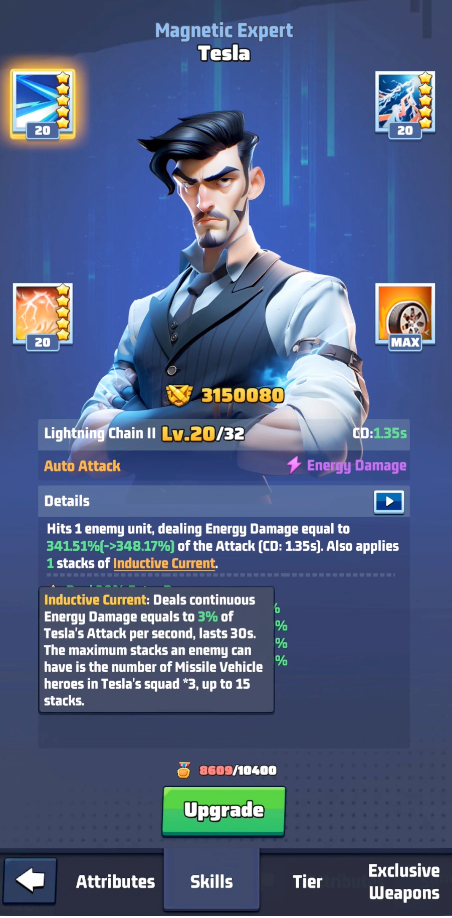 Detailed explanation of Tesla's Inductive Current stacking mechanic and Missile hero synergy.
