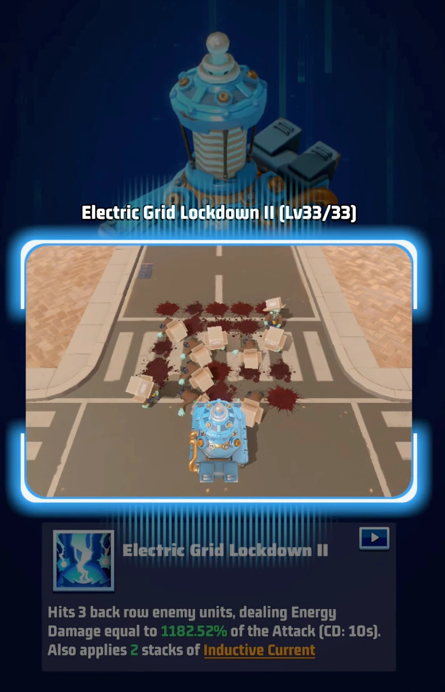 Combat gameplay showing Tesla's Electric Grid Lockdown II skill destroying the enemy back row.
