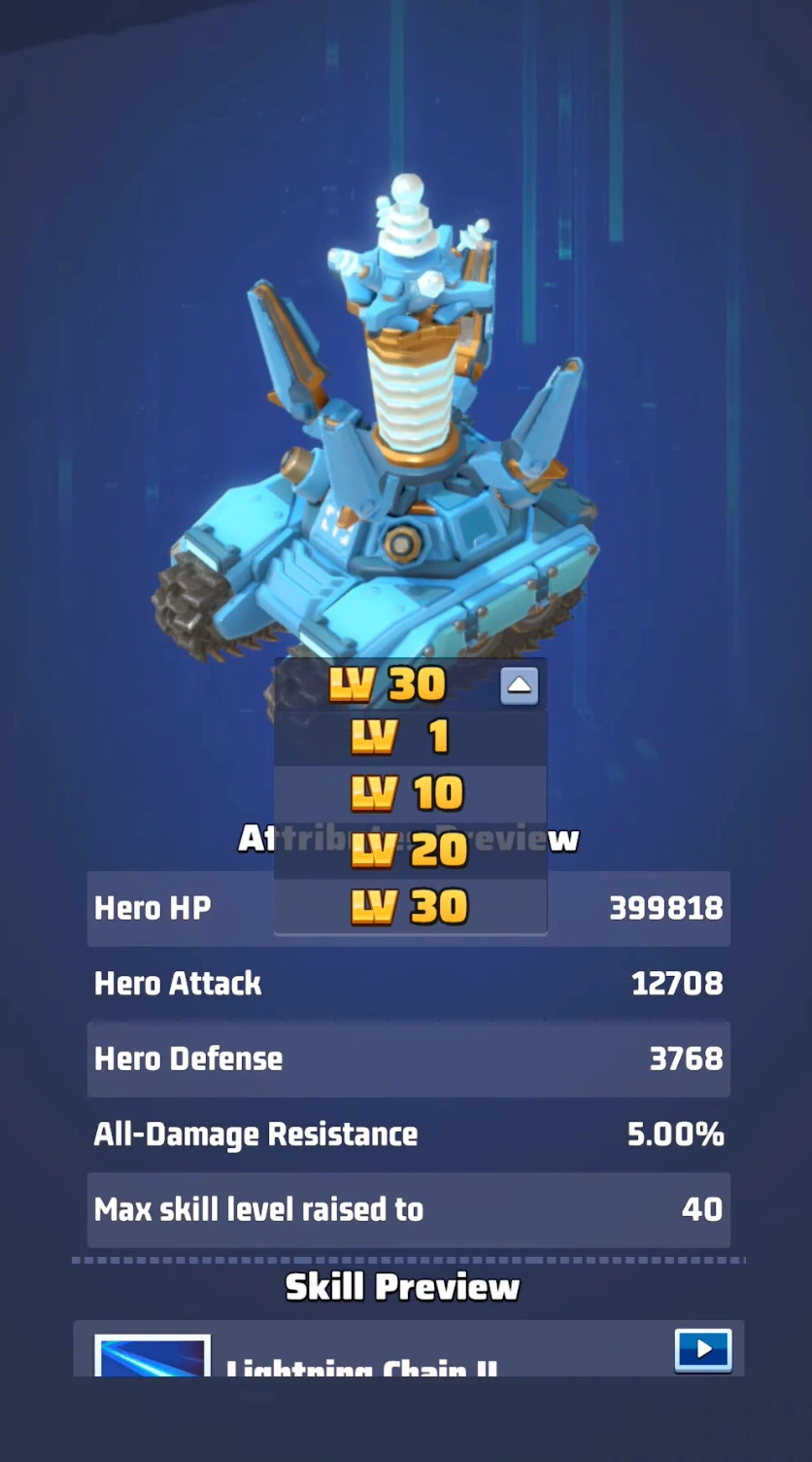 Preview of the four upgrade tiers for Tesla Exclusive Weapon in Last War Season 1.