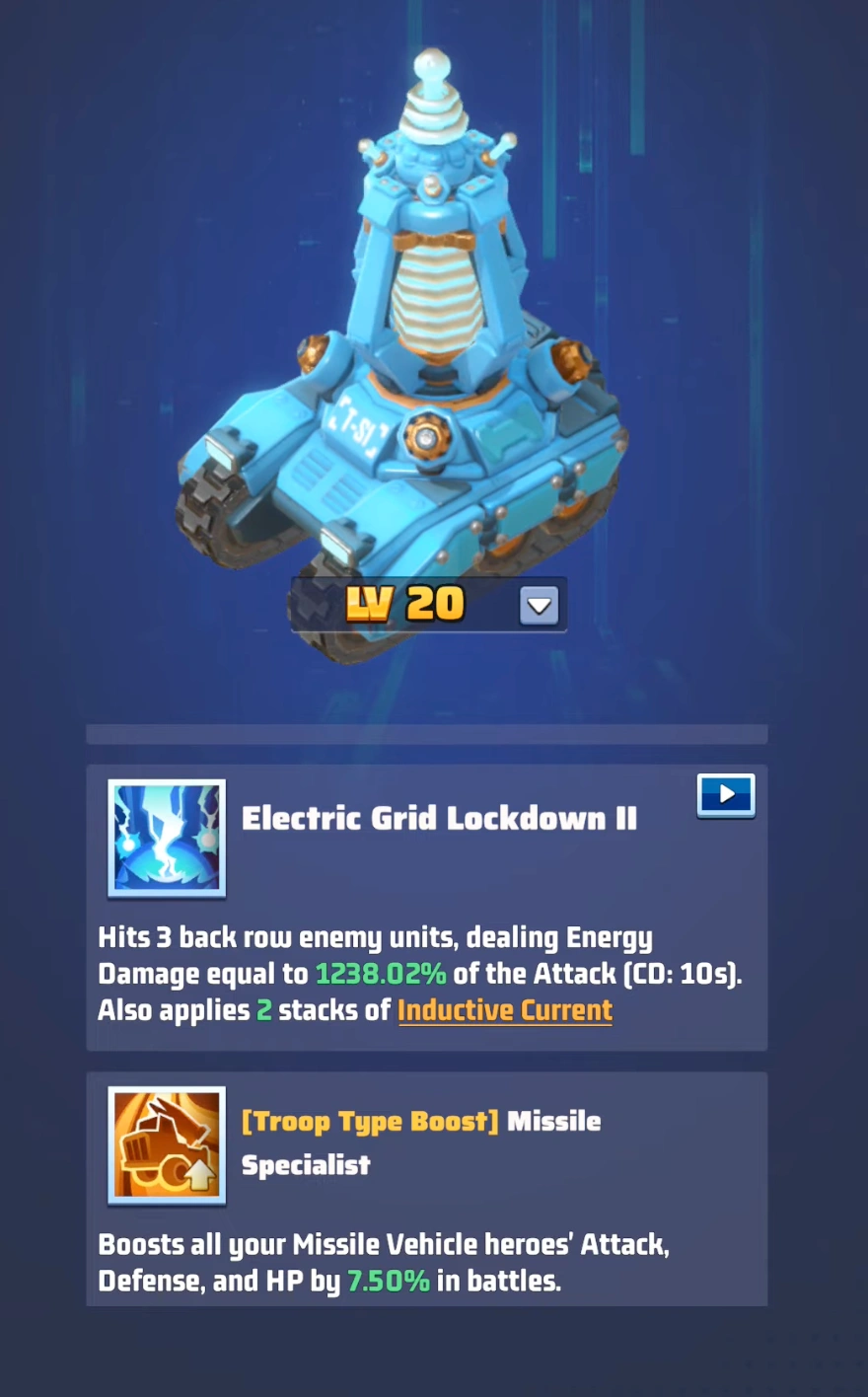 Level 20 Missile Specialist troop type boost skill description for Tesla's exclusive weapon.