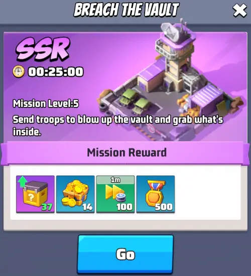 Ghost Ops SSR mission screen for Breach the Vault showing a level 5 SSR mission, a 25-minute timer, and basic resource rewards