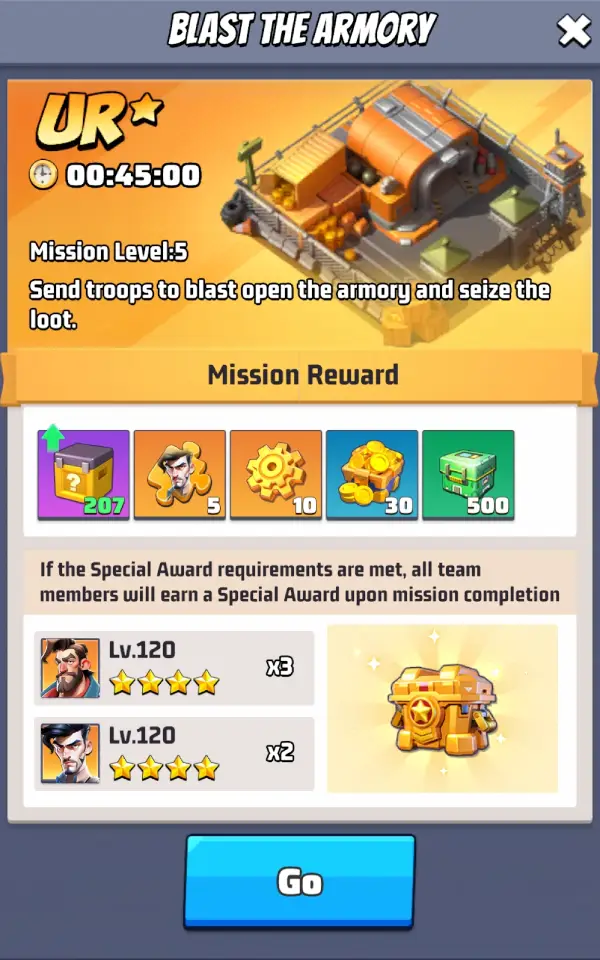 Ghost Ops UR star mission screen for Blast the Armory showing named hero fragments, bonus rewards, and the special reward requirements needed for the whole team