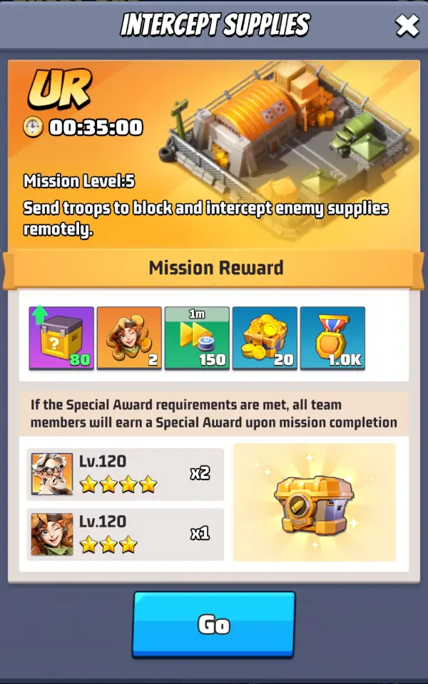 Ghost Ops UR mission screen for Intercept Supplies showing named hero fragments, speedups, coins, medals, and hero requirements for the special reward chest