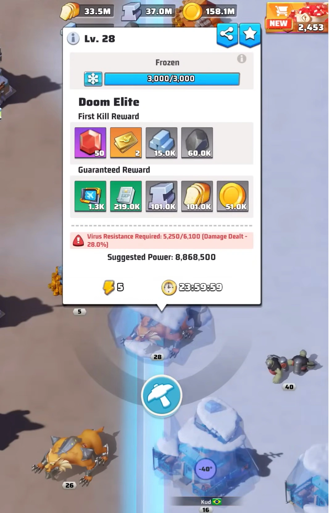 First kill rewards for defeating a Doom Elite in Last War Survival Polar Storm, highlighting the Virus Resistance requirement.