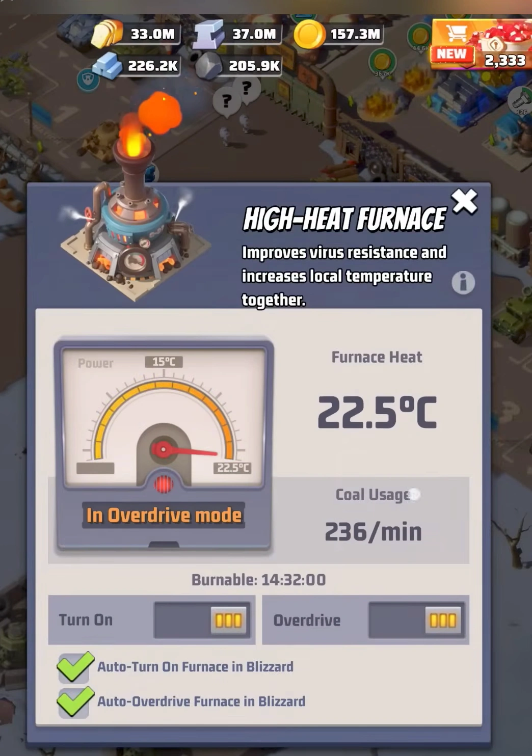 High-heat Furnace UI in Last War Survival Season 2 showing the critical auto-overdrive settings to survive blizzards.
