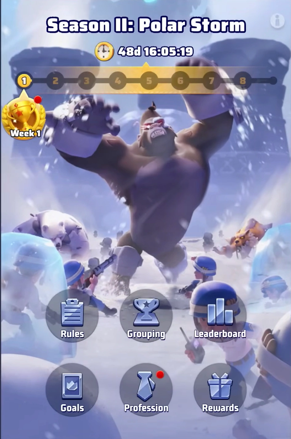 The Season 2 Polar Storm events dashboard in Last War Survival showing Week 1 goals, profession, and season contribution sections.