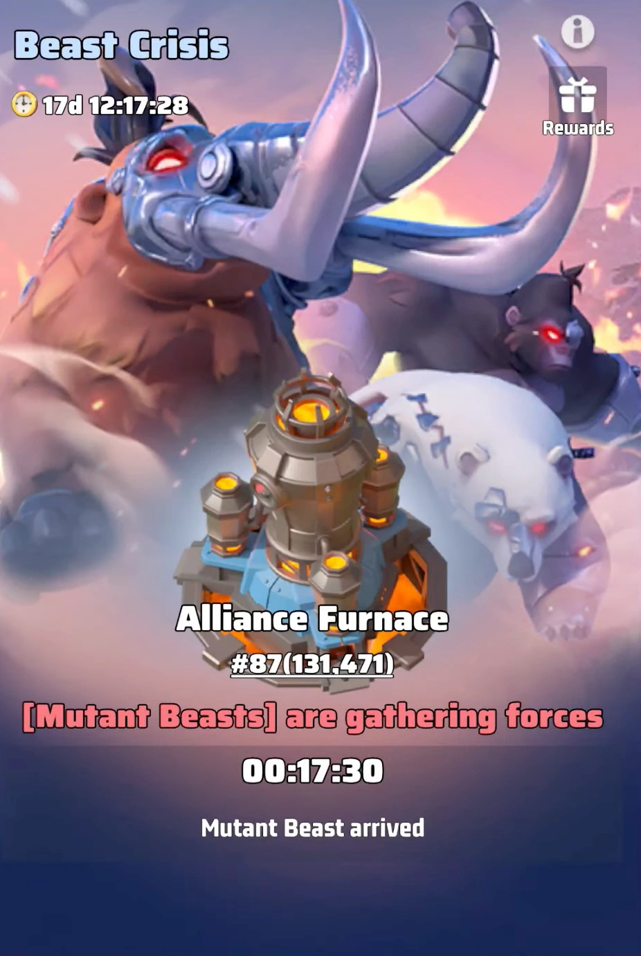 Beast Crisis event interface showing the Alliance Furnace under siege by Mutant Beasts in Last War Survival.
