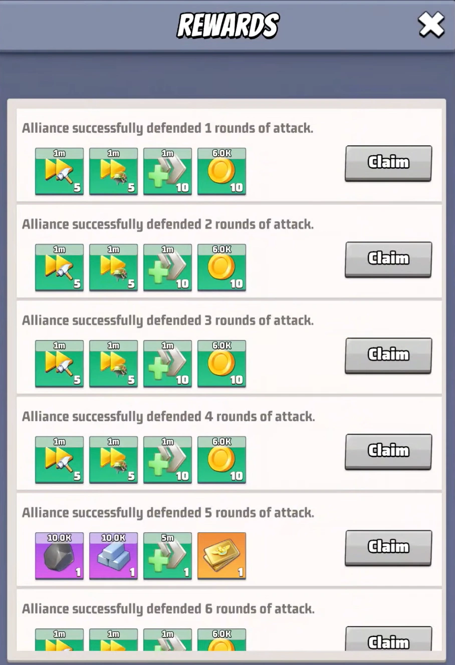 List of claimable wave rewards including coal and titanium alloy for defending the furnace in Last War Survival.