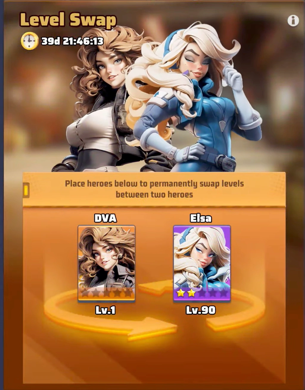 Last War Survival Level Swap event screen showing a level permanent swap between DVA and Elsa.