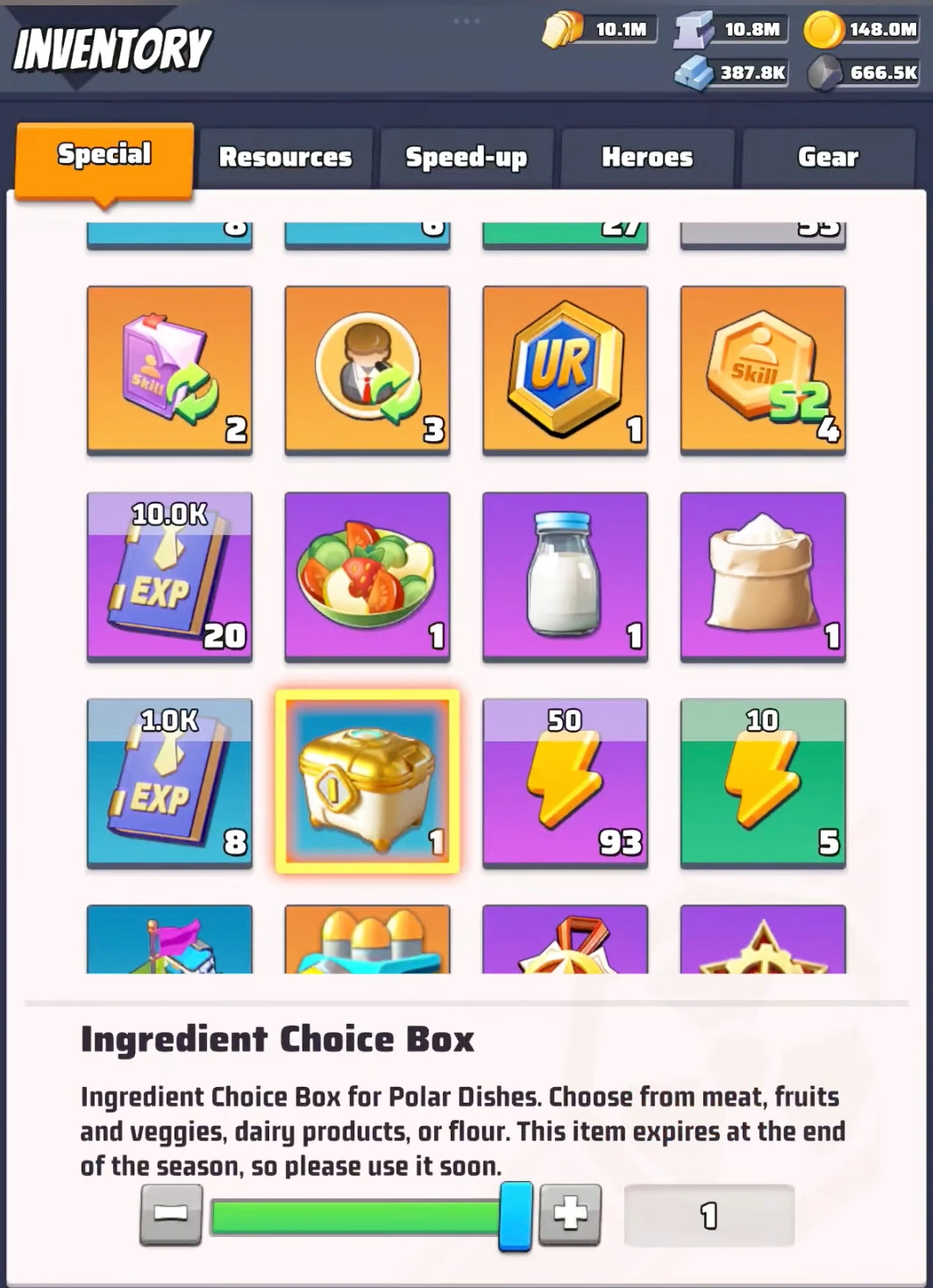 Selecting an ingredient from the Ingredient Choice Box inside the inventory in Last War Survival.