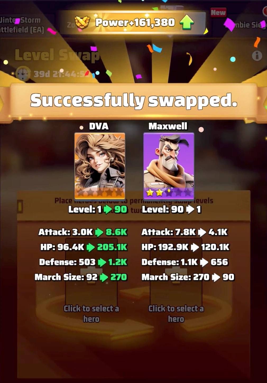 Comparison screen showcasing successfully swapped hero stats between DVA and Maxwell in Last War Survival.