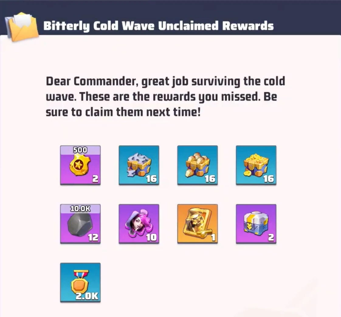 Blizzard event reward mail in Last War Survival showing Violet shard payouts based on Blizzard level.