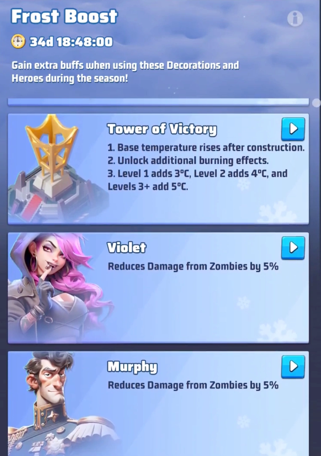 Violet and Murphy combined in a Last War Survival squad to highlight Frost Boost and stacked damage reduction value.
