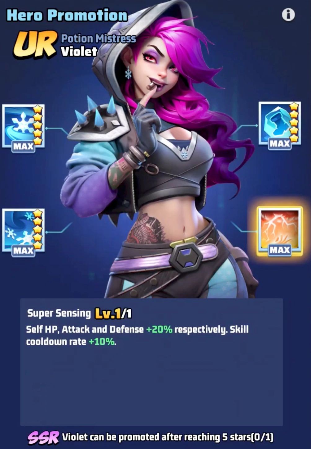 Side-by-side Violet SSR versus UR skill and stat comparison in Last War Survival Season 2 Week 3.