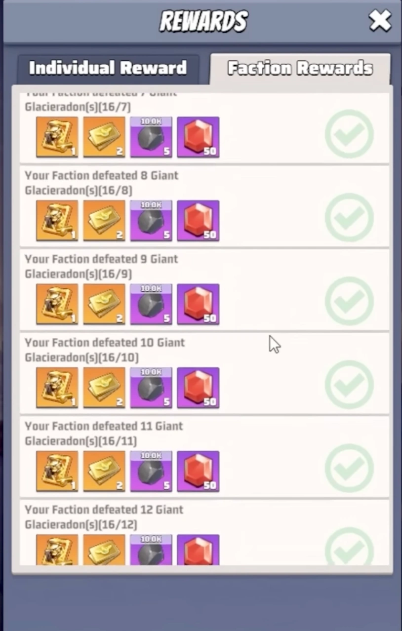 Faction rewards list for defeating the Giant Glacieradon up to 16 times in Last War Survival Season 2.
