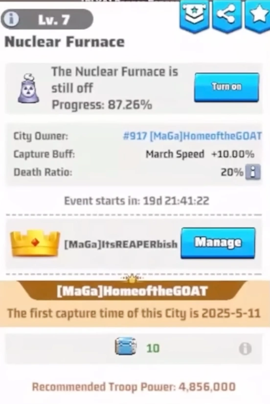 Sending troops to reactivate the Nuclear Furnace during the Last War Survival Season 2 Week 5 event.
