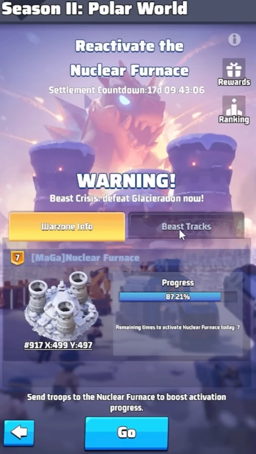 Beast Tracks menu in Last War Survival Season 2 showing the Giant Glacieradon location across different faction servers.