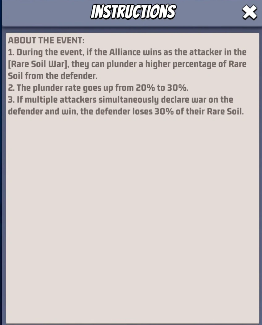 Event instructions showing the increased 30 percent Rare Soil plunder rate in Last War Survival