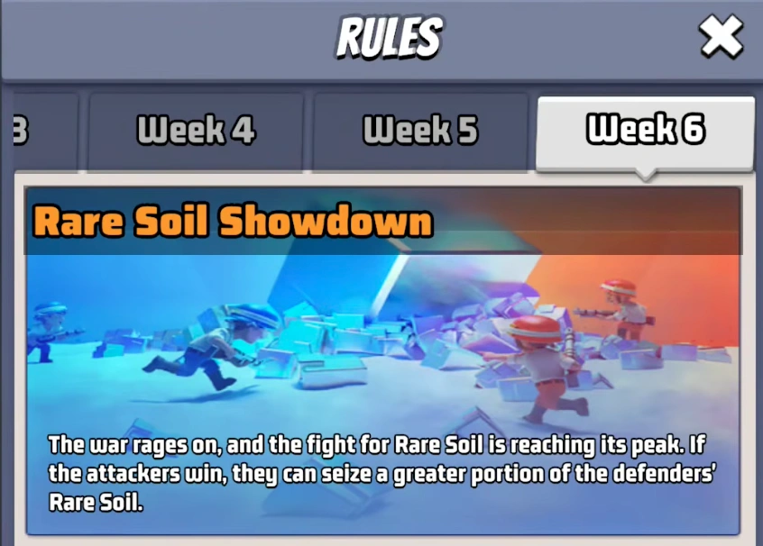 Week 6 Rare Soil Showdown rule explanation menu in Last War Survival
