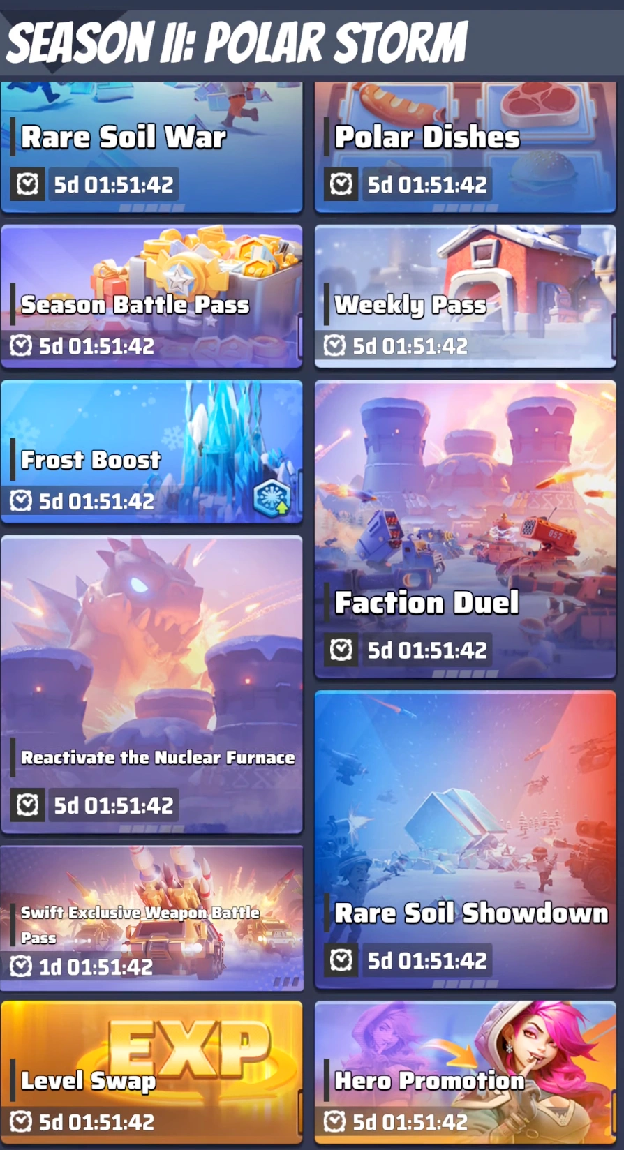 Active event directory in Last War Survival Season 2 showing Rare Soil Showdown and Swift exclusive weapon battle pass