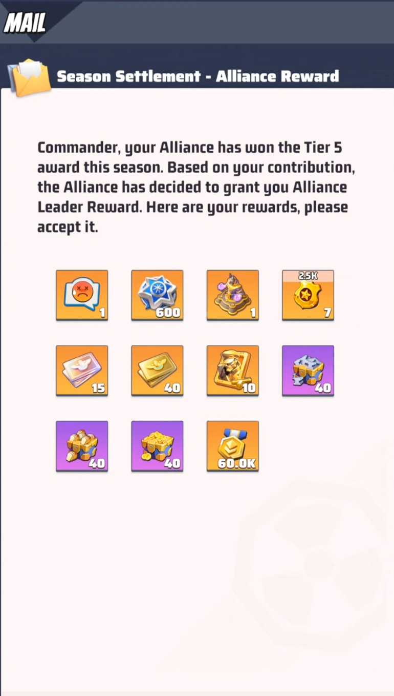 Claiming Season 2 Settlement Alliance Rewards from the mailbox in Last War Survival.