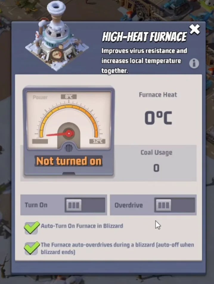 In-game High-heat Furnace interface in Last War Survival Season 2 showing a 0°C base temperature, Furnace Heat, Coal Usage, and the Turn On and Overdrive controls.