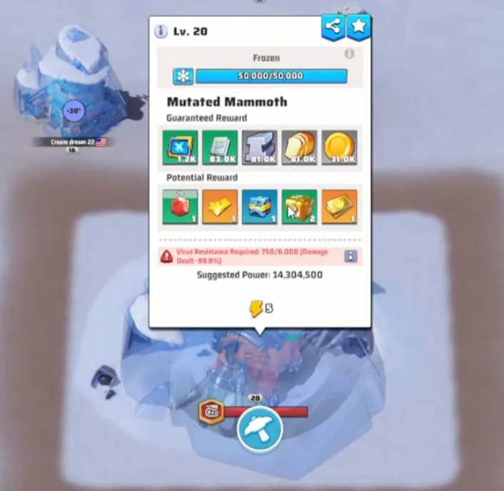 Mutated Mammoth boss encounter screen in Last War Survival Season 2 showing boss health and the suggested alliance power needed to break a Dig Site.