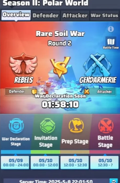In-game Rare Soil War overview screen in Last War Survival Season 2 showing a Rebels versus Gendarmerie matchup with the four war stages and their calendar windows.