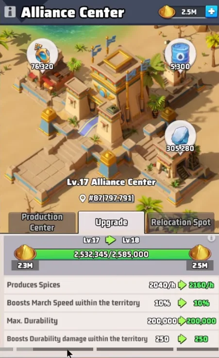 Alliance Center upgrade panel in Last War Survival Season 3 showing Spice per hour, march speed buff and 200,000 maximum durability.