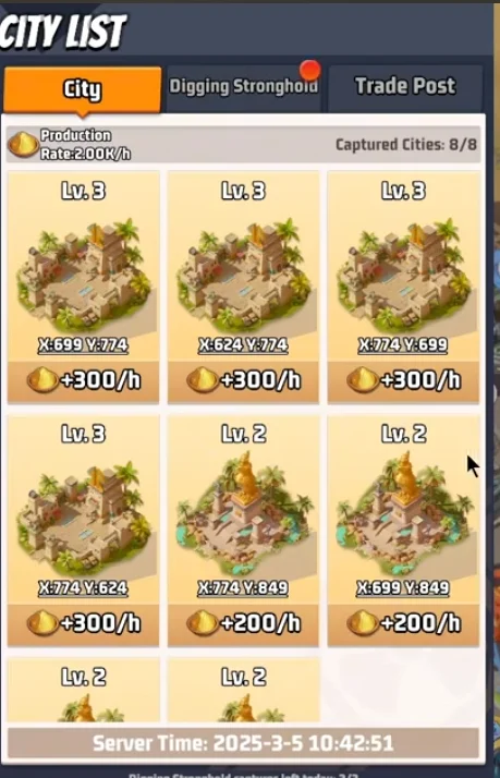 In-game city list in Last War Survival Season 3 showing eight captured cities and their hourly Spice production.
