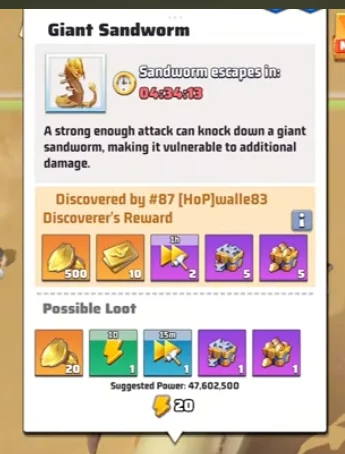 Giant Sandworm event panel in Last War Survival Season 3 showing the suggested power and stamina requirement for the rally.