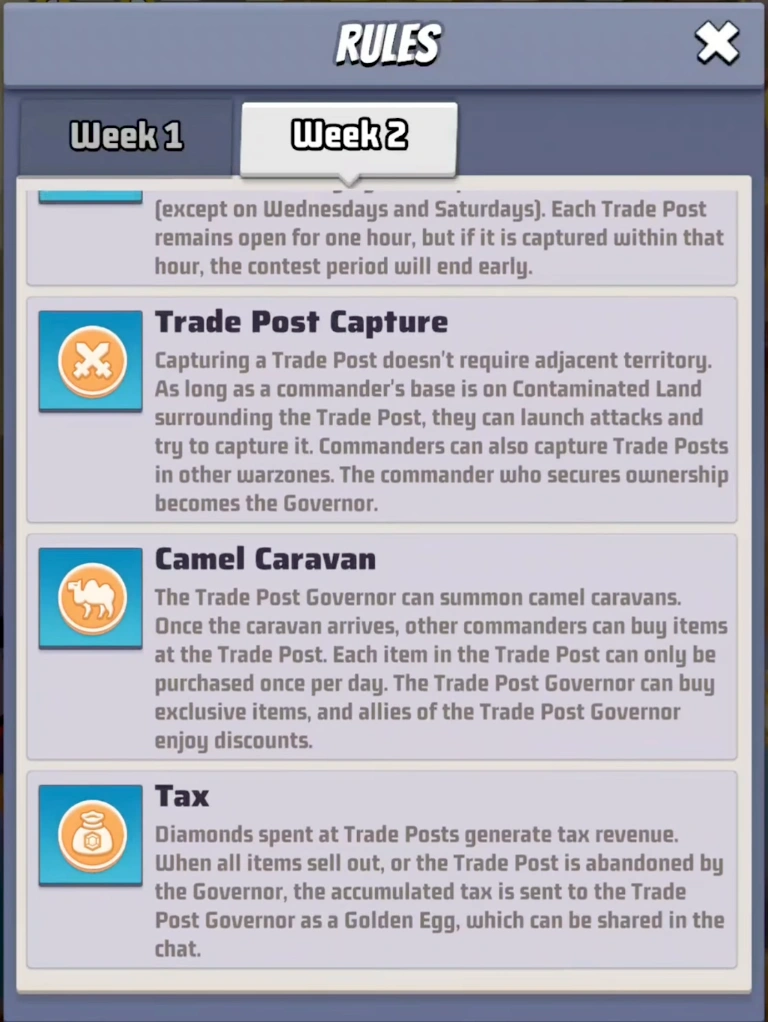 Level 5 Trade Post store rewards and tax information during Trade War in Last War Survival.