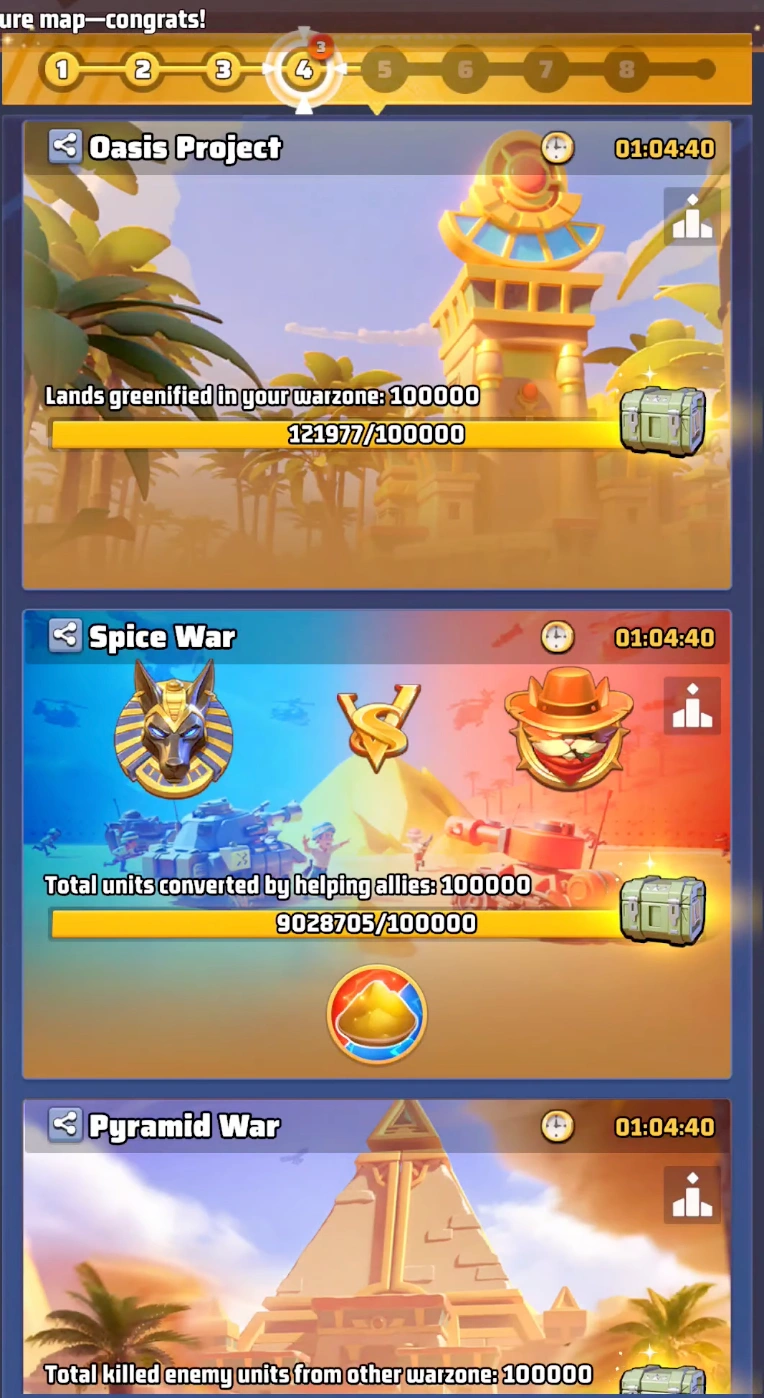 Last War Survival Season 3 Golden Realm Week 4 main event menu showing Oasis Project and Spice War progress.