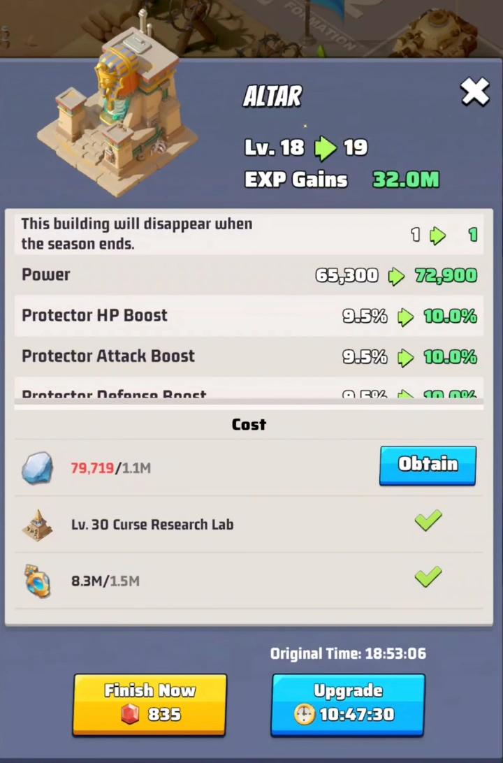 Upgrading the Altar to maximize Protector HP, Attack, and Defense buffs.