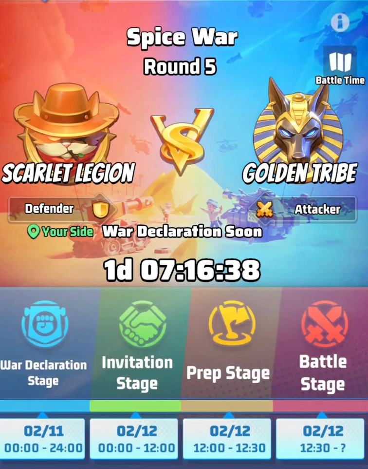 Last War Survival Spice War schedule showing Wednesday and Saturday attack phases.