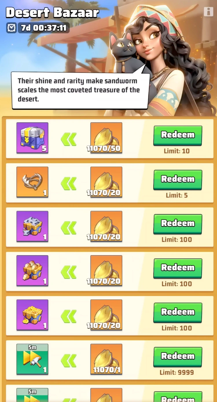 Best free to play items to redeem in the Desert Bazaar using scales in Last War Survival Season 3.