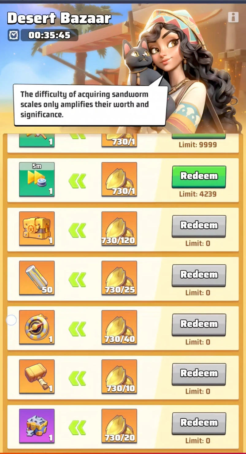 Redeeming Sandworm Scales for research speed-ups in the Desert Bazaar before Season 3 ends.