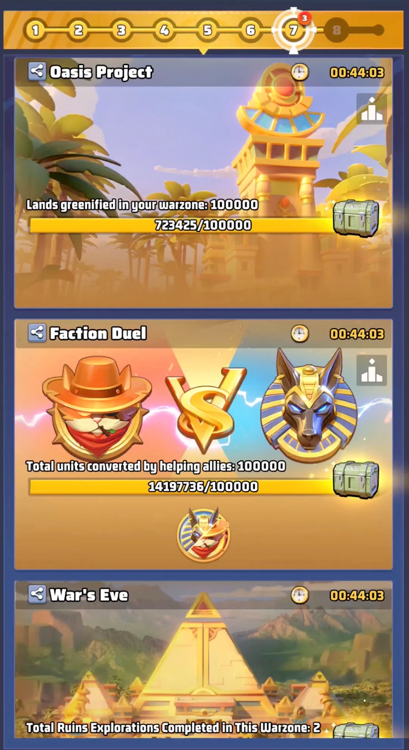The Oasis Project event screen in Last War Survival Season 3 Week 7 showing greenification progress and rewards.