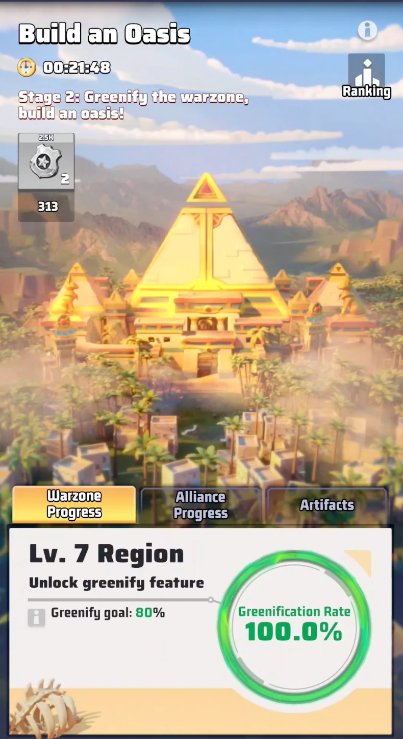 Build an Oasis event screen showing greenification progress in Last War Survival Season 3 Week 8.