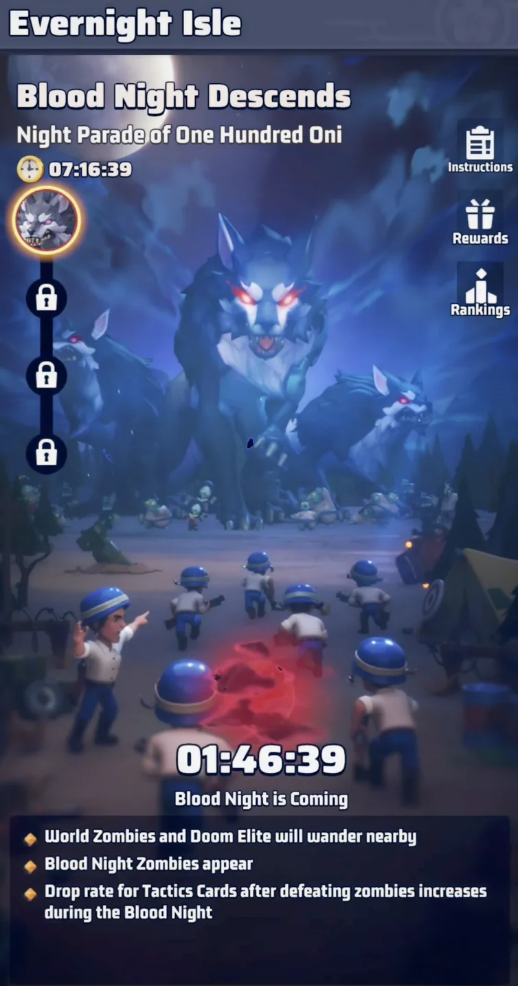 The Blood Night Descends event map in Last War Survival featuring wandering Doom Elites and red sky mechanics.