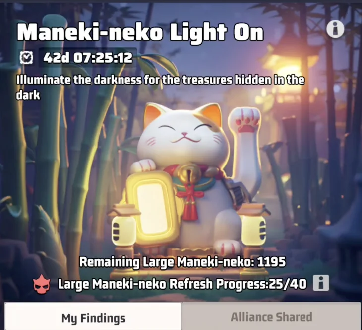 Maneki-neko Light On treasure hunting event screen in Last War Survival Season 4.