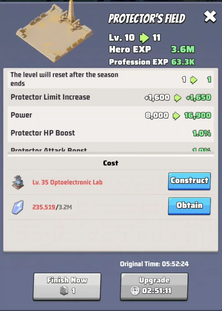 Upgrading the Protector's Field in Last War Survival Season 4 to gain troop capacity and Attack, Defense, and HP boosts.
