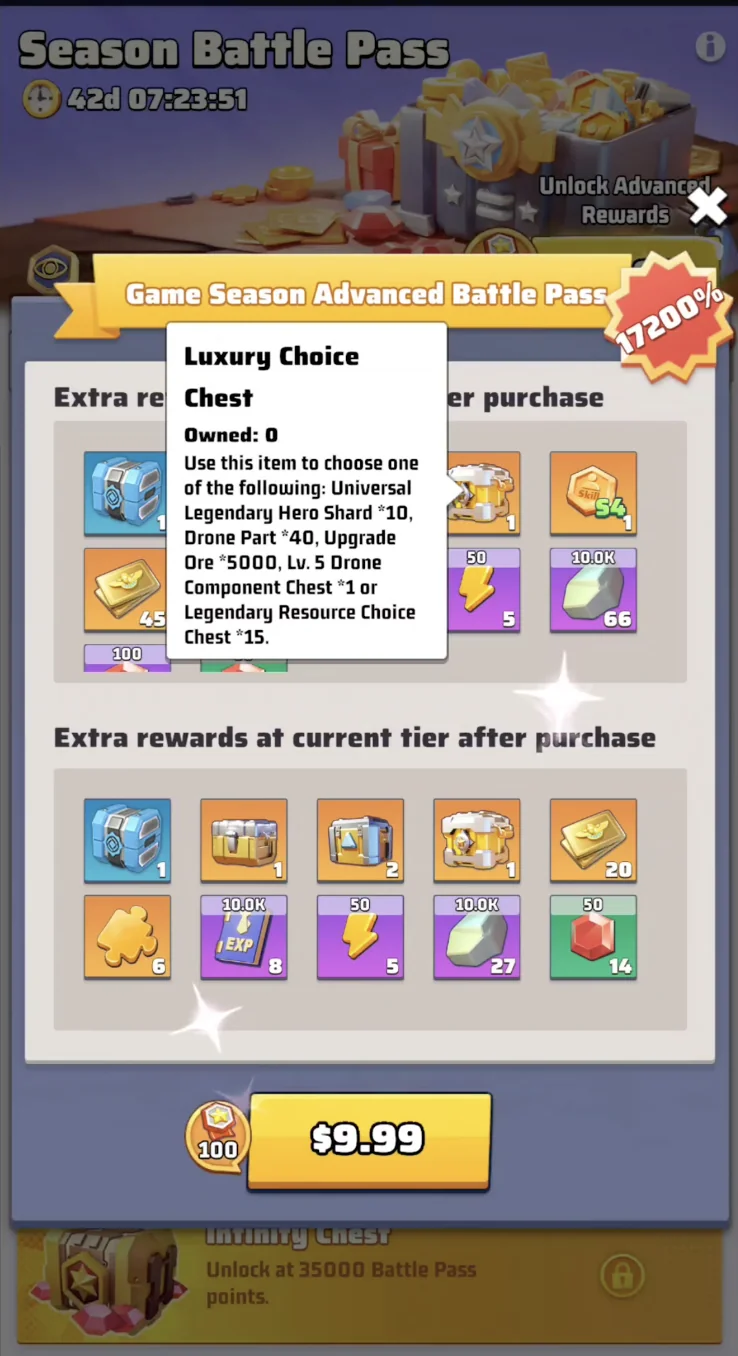 Last War Survival $5 Advanced Battle Pass showing the Luxury Choice Chest and the recommended Level 5 Drone Component.
