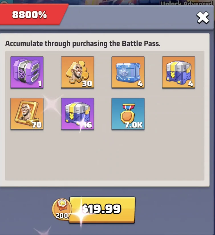 Adam's Exclusive Weapon Battle Pass reward screen showing 30 Adam Hero Shards, 70 weapon shards, and the $19.99 price.
