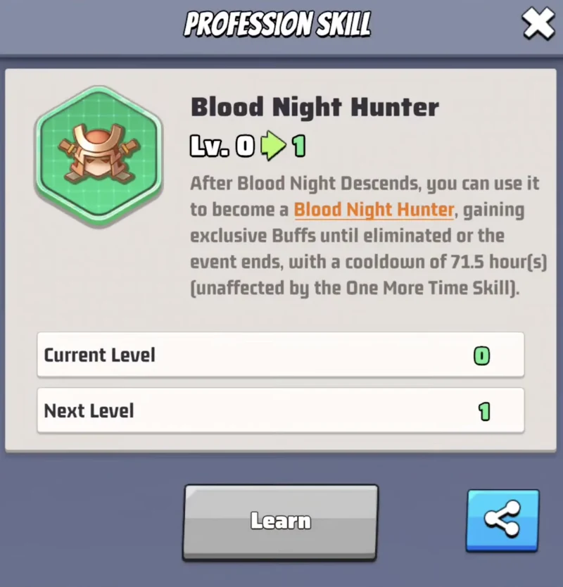 Blood Night Hunter Profession Skill screen in Last War Survival explaining the Hunter transformation and its cooldown.