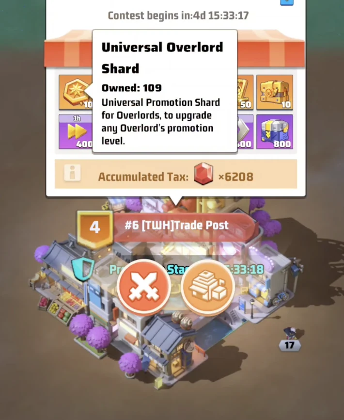 Level 4 Trade Post rewards screen showing a Universal Overlord Shard and the Trade Post interaction buttons.